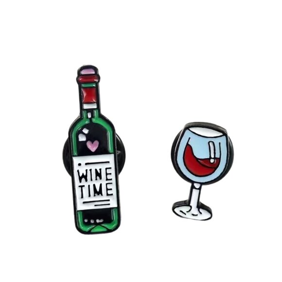 Wine Time! Bottle and Glass Enamel Pin Set Wino Adult 2 pieces Vino Vineyard - Picture 2 of 5